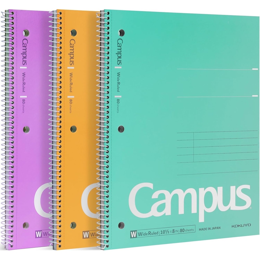 image:imageKOKUYO Spiral Notebook 3 Pack Campus 1012 x 8 Subject Notebooks with Wide Ruled 80 Sheets Purple Orange Turquoise 3 Holes School Spiral Journal for Work Study Note Taking WSGSU400G33