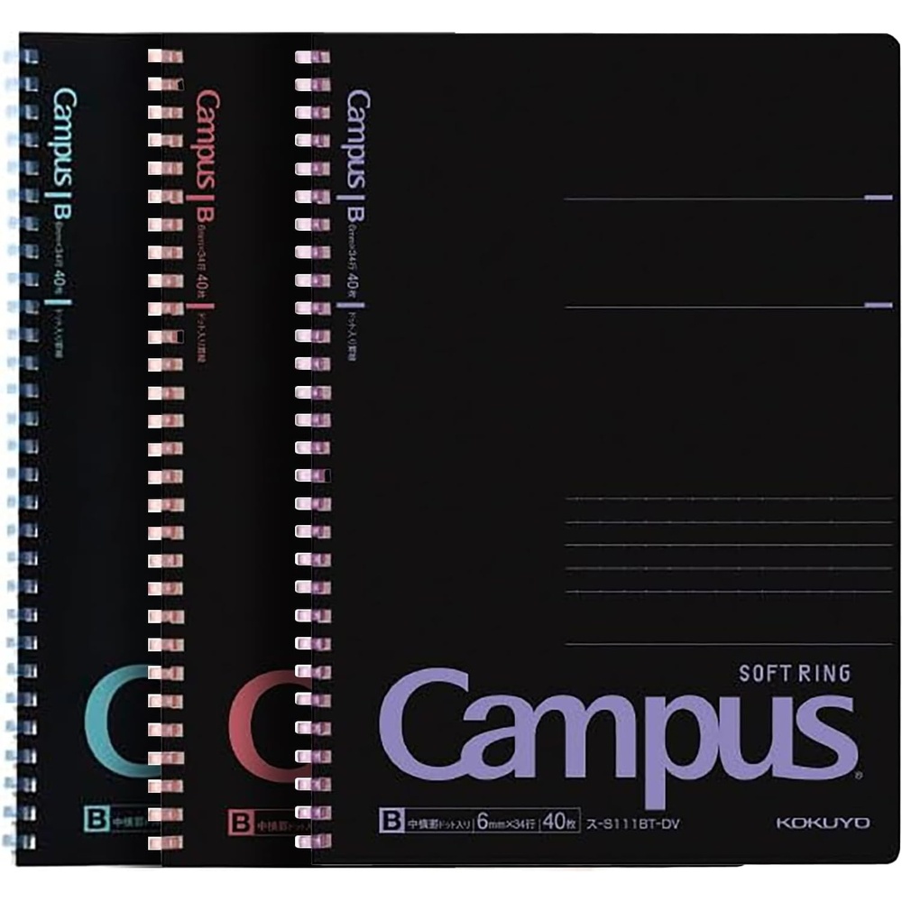 image:imageKOKUYO Spiral Notebook Journal 3 Pack Campus B5 Soft Ring Notebooks with Dotted A 7mm Rule 40 Sheets Cute Animal 1 Subject Notebook in Blue Yellow Green College Office Note TakingBlack