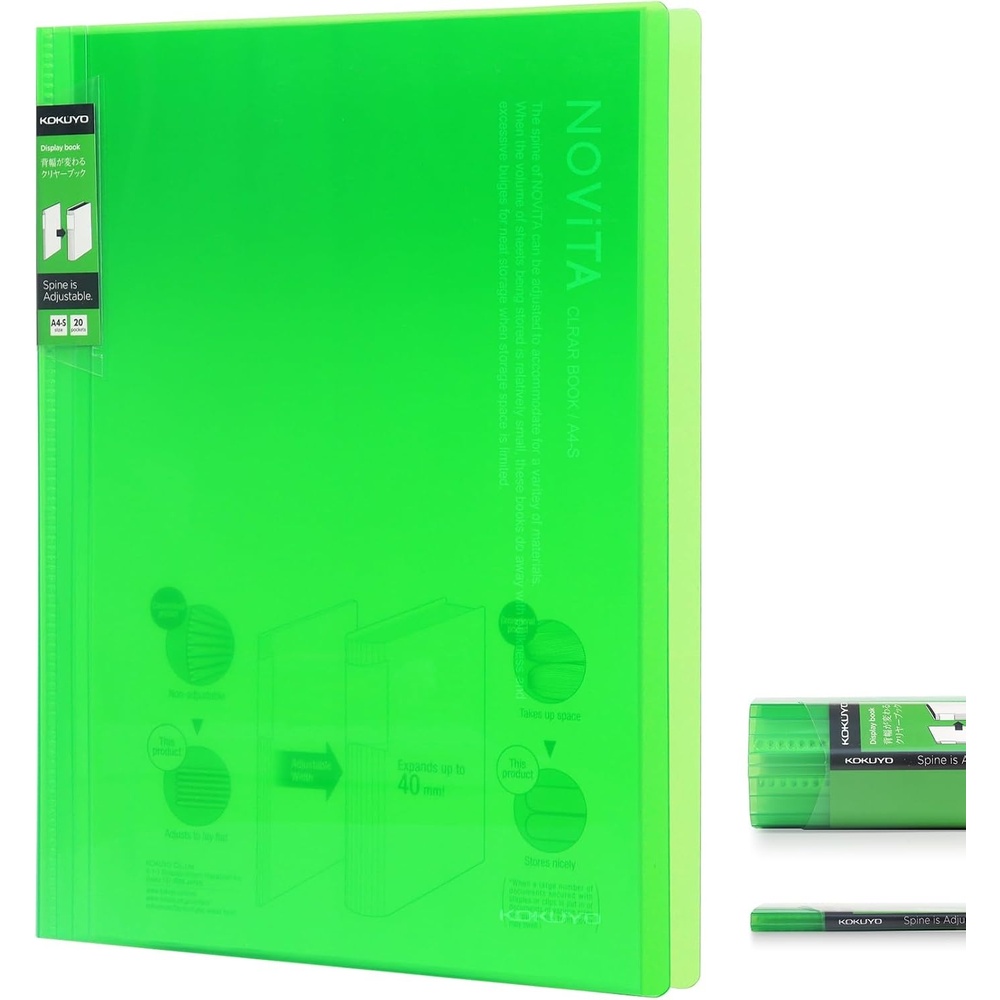 image:imageKokuyo 40Pocket Binder with Plastic Sleeves 85x11 Green A4 and US Letter Expandable Art Portfolio Folder with Clear Sheet Protectors 80 Pages of Presentation Display Book RAN40GLight Green