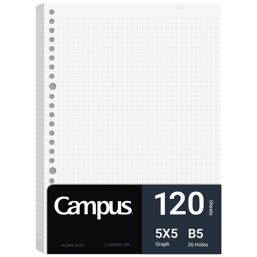 image:imageKokuyo Campus Loose Leaf Paper for Binders Business Type Sarasara Smooth Writing B5 5mm Grid Ruled 26 Holes 120 Sheets pH Neutral Bleed Resistant NOG836S5N