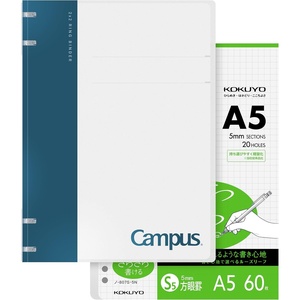 KOKUYO Campus 2×2 Spiral Binder Notebook Set, B5 Refillable Notebook + 50 Refill Papers with 5×5 Graph Ruled, 40 Sheet Capacity, Navy, Perfect for Work, Study & Journal(Navy)