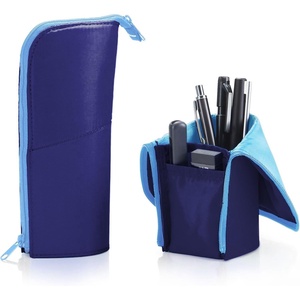 KOKUYO Pencil Case Pouch, Neo Critz Standing Pen Pouch Bag, Foldable Stand up Pencil Holder Organizer, Small Portable Pencil Box for Office, Home & College Use, Blue x Navy, Regular Size (F-VBF180-3)(Navy x Light Blue)
