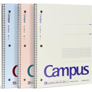 KOKUYO Spiral Notebook with 5×5 Graph Paper, 3 Pack Campus 10-1/2″ x 8″ Subject Notebooks, 80 Sheets, Light Pink Blue Off-White 3 Holes School Spiral Journal for Study Planner Drawing (WSG-SU-400G4×3) (Paper)