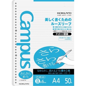 Kokuyo Campus Loose Leaf Paper, A4 Filler Paper with B 6mm Dot Ruled, 50 Sheets 75 GSM Sarasara Smooth Writing, 30 Holes, 11-3/4″x8-1/4” Binder Notebook Bleed Resistant Paper (NO-816BTN)(1)