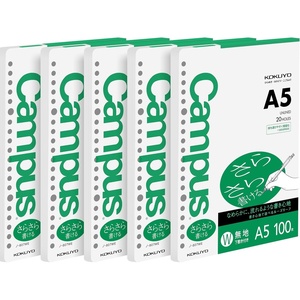 Kokuyo Campus Loose Leaf Paper, A5 Plain Filler Paper, 100 Sheets 75 GSM Sarasara Smooth Writing, 20 Holes, 8-1/4″x6” Binder Notebook Bleed Resistant Paper (NO-807WE)(5)