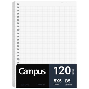 Kokuyo Campus Loose Leaf Paper for Binders, Business Type, Sarasara Smooth Writing, B5, 5mm Grid Ruled, 26 Holes, 120 Sheets, pH Neutral, Bleed Resistant (NO-G836S-5N)