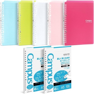 Kokuyo Campus Smart Ring Binders 5 Pack, A5 Binder Notebooks in 5 Colors, Up to 25 Sheets 20 Holes Slim Binder Folder and 200 Campus Sarasara Loose-leaf Paper for Work, Study and Journal