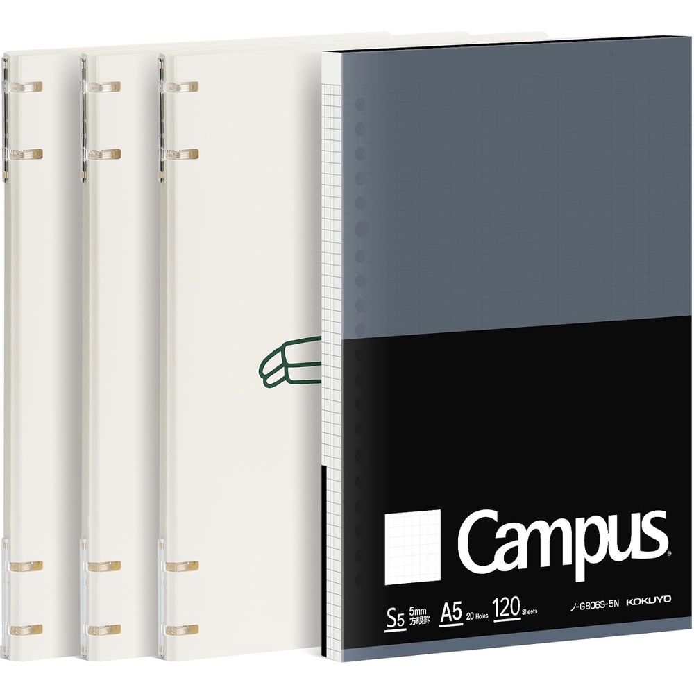 image:imageKOKUYO 2x2 Spiral Binder Notebooks 3 Pack A5 Refillable Notebook with Loose leaf Paper  120 Refill Papers with 5x5 Graph Ruled 40 Sheets Capacity Light Color Notebook for School Work Note TakingNoritake