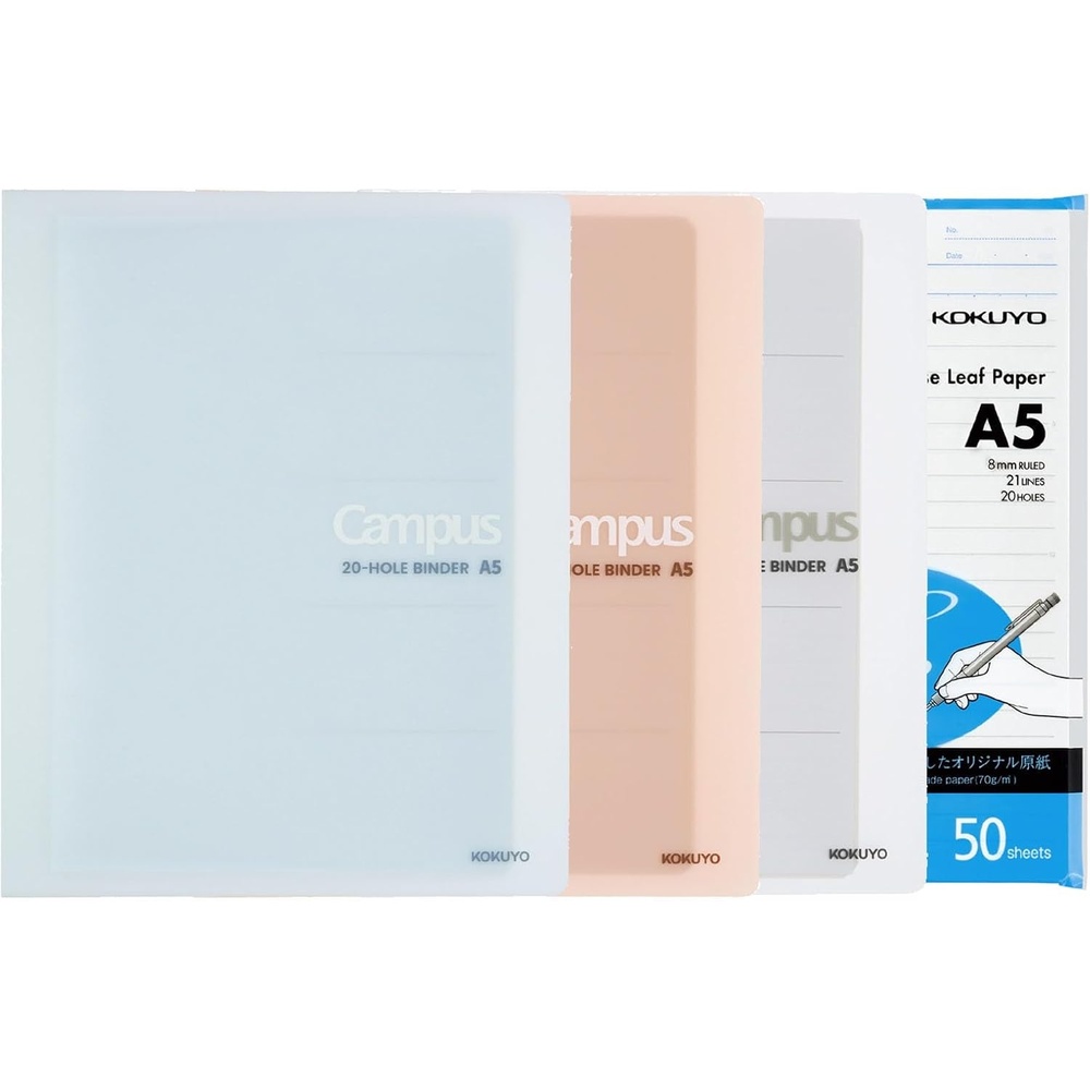 image:imageKOKUYO 3 Pack Notebook Binders Campus A5 Refillable Notebook Up to 100 Sheets Capacity 60 Sheets in 8mm Ruled Loose Leaf Paper Light Color Set