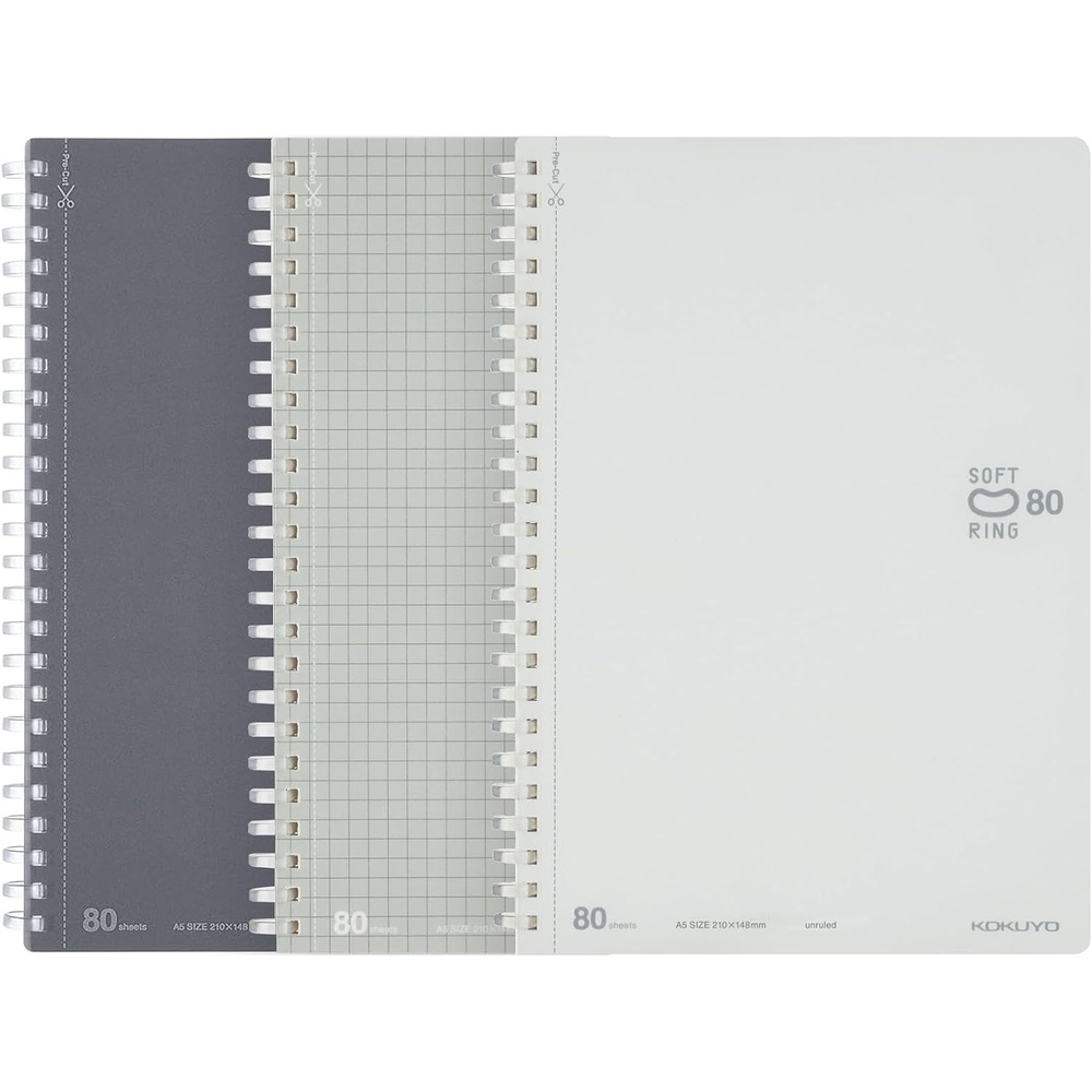 image:imageKOKUYO Spiral Notebooks Set A5 Plain 5x5 Graph 6mm Dot Lined Journals 80 Perforated Sheets 83 x 58 Soft Ring Notebook with PVC Cover Note Taking for Work Sliver Gray White Japan ImportA5